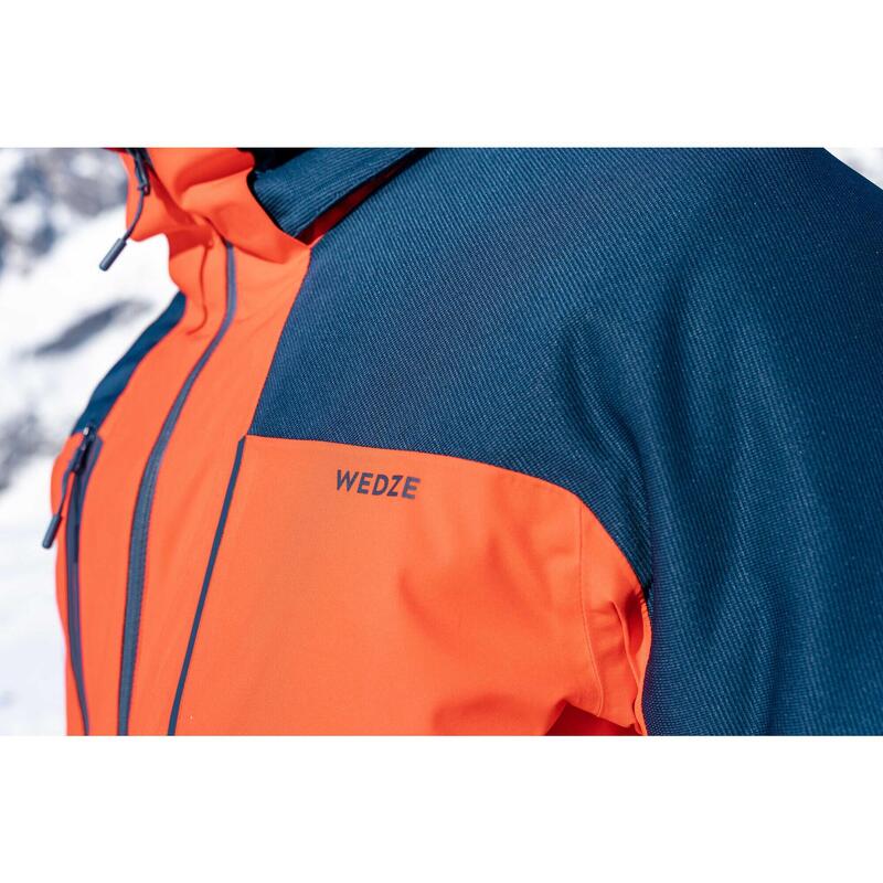 Casaco de ski impermeável e resistente homem, 500 SPORT laranja e azul
