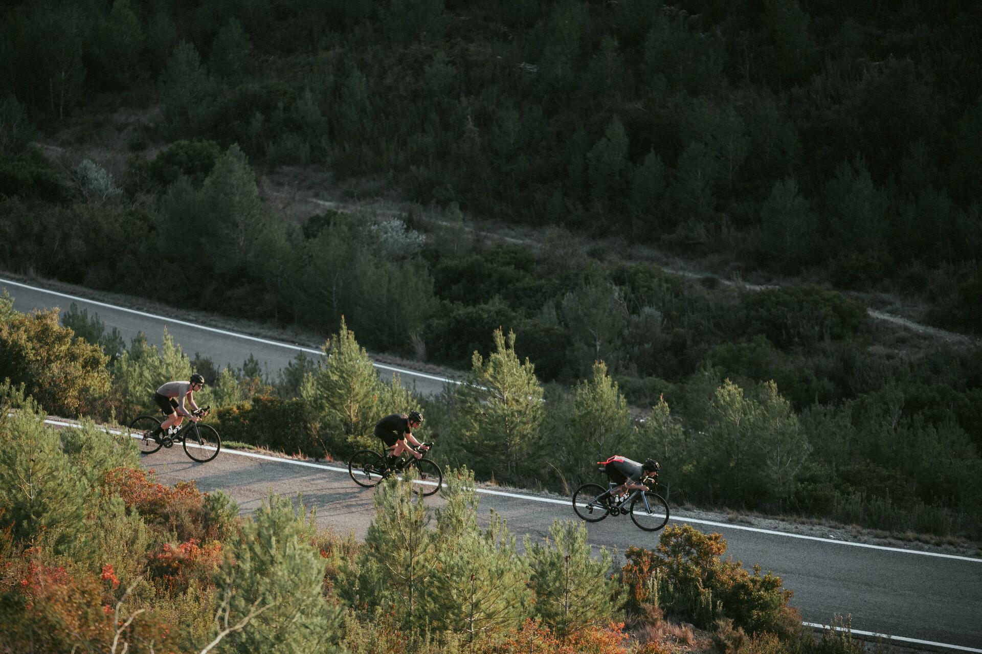 Three cyclists riding Van Rysel bikes