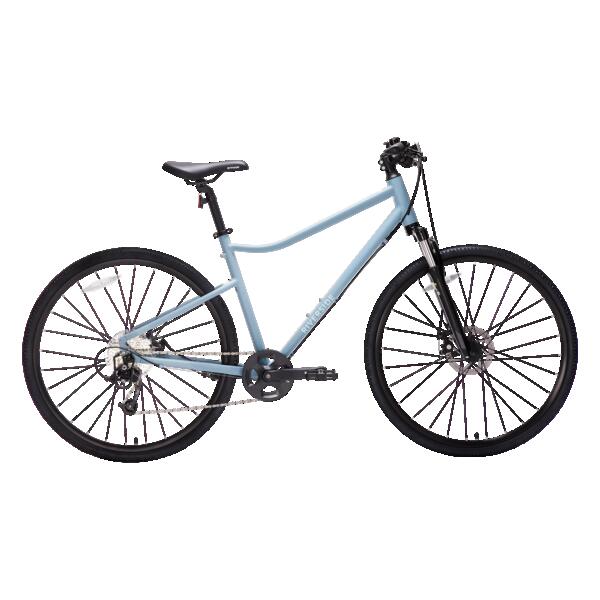 Light grey hybrid bike with flat handlebars