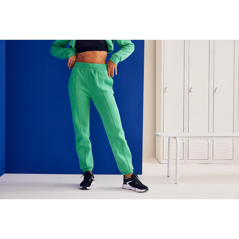 Pantaloni tuta donna palestra 500 regular fit felpati verdi