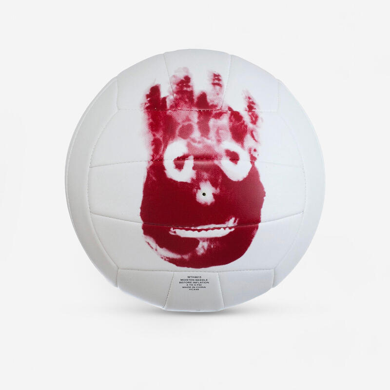 Balón de voleibol Wilson Castaway blanco con la huella roja de una mano que forma una cara