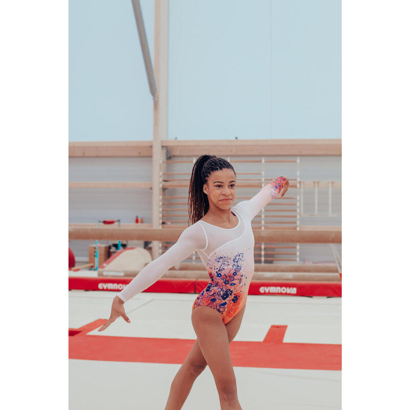 Body 980 Gimnastică artistică mâneci lungi Roz-Portocaliu cu imprimeu Fete 