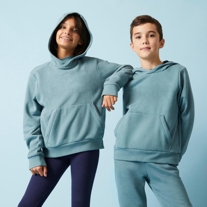 Warme hoodie voor kinderen 500 uniseks kakigroen met opdruk