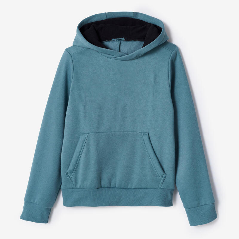 Warme hoodie voor kinderen 500 uniseks kakigroen met print