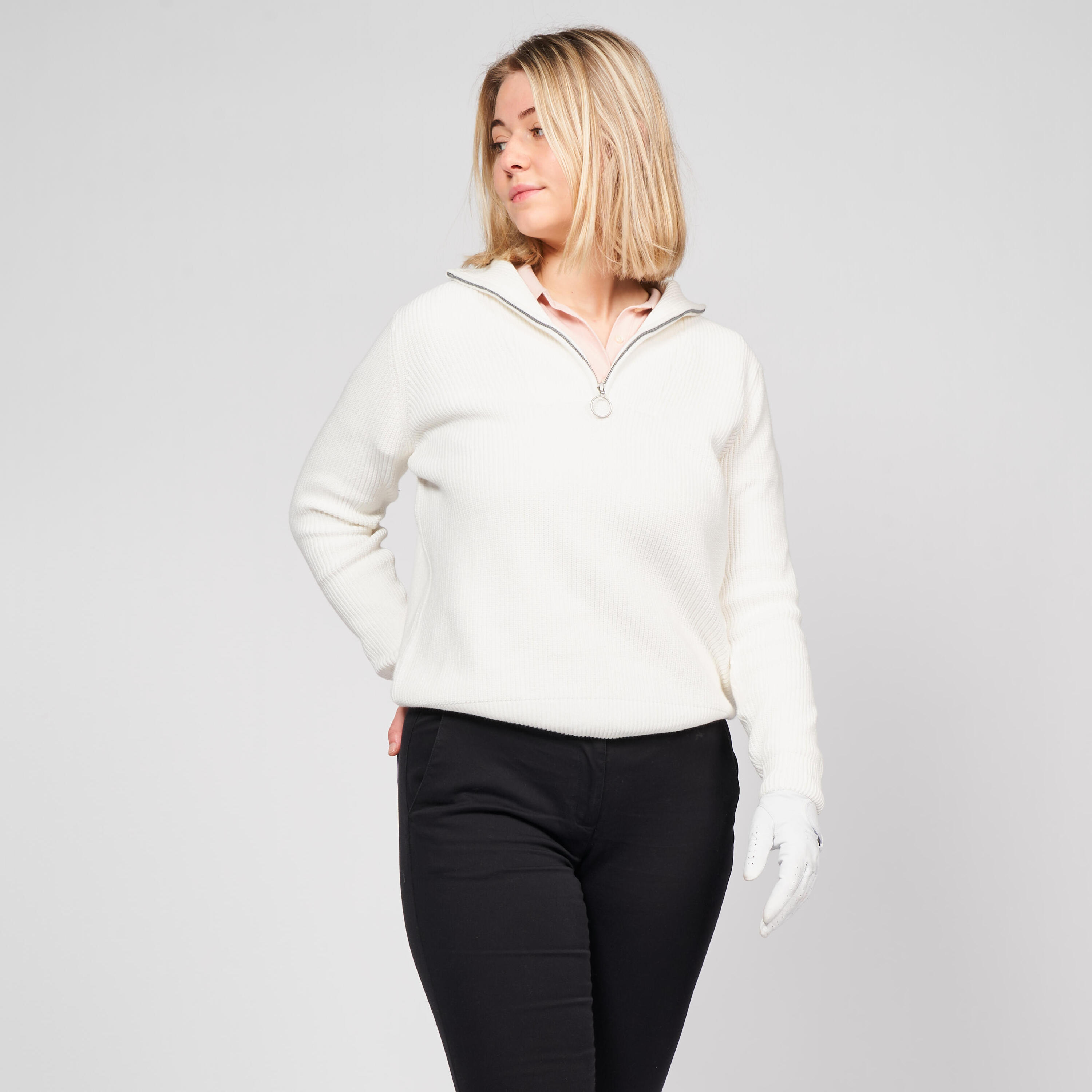 Women's golf half-zipped pullover - MW500 ecru 2/5