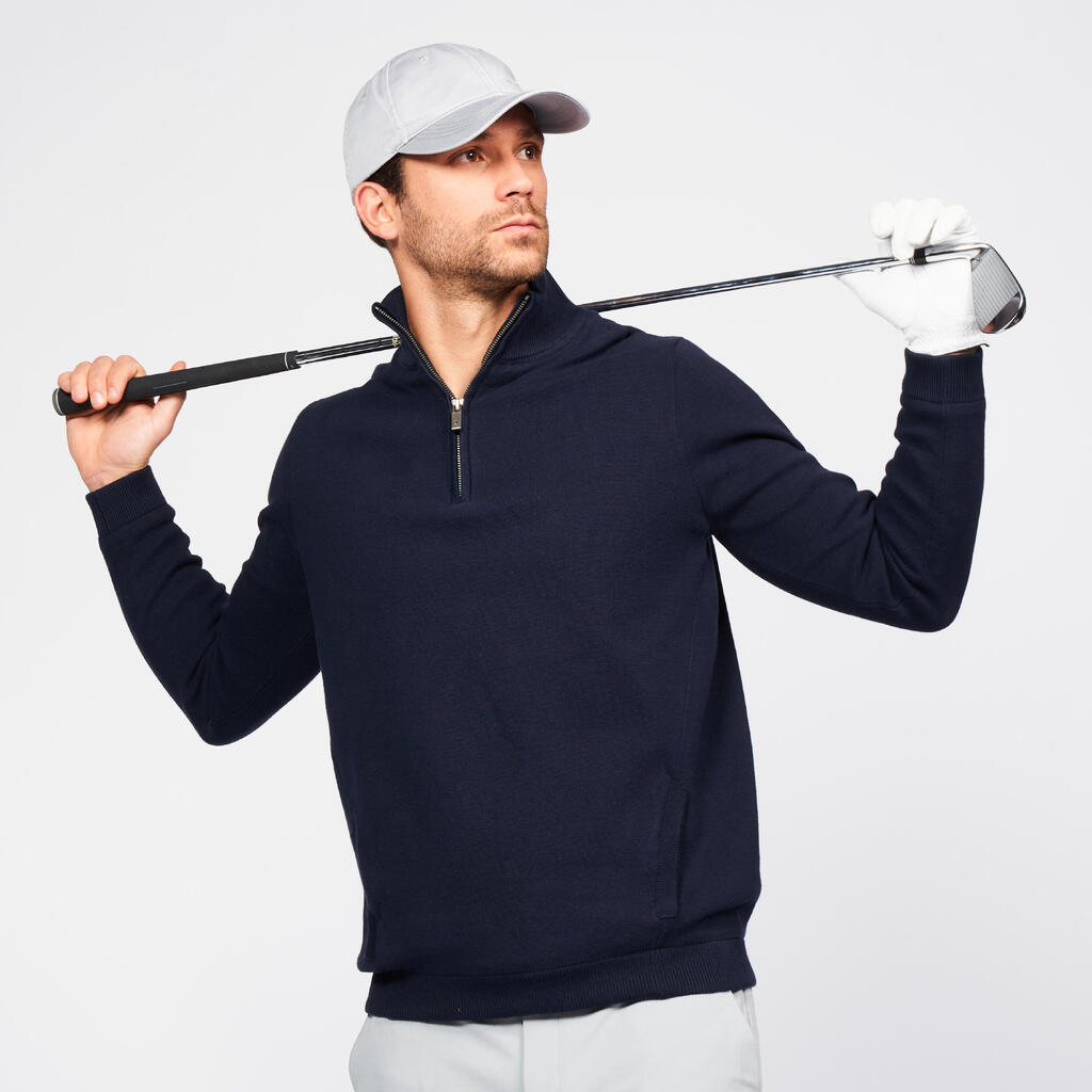 Pánsky vetruvzdorný golfový sveter s krátkym zipsom MW500 tmavomodrý