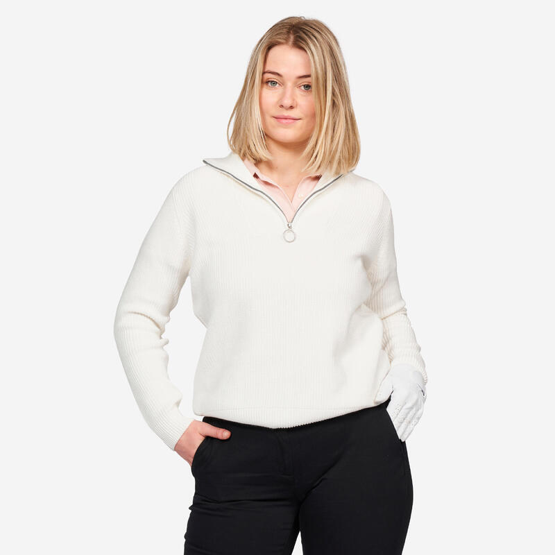 Pull golf zippé femme, MW500  écru