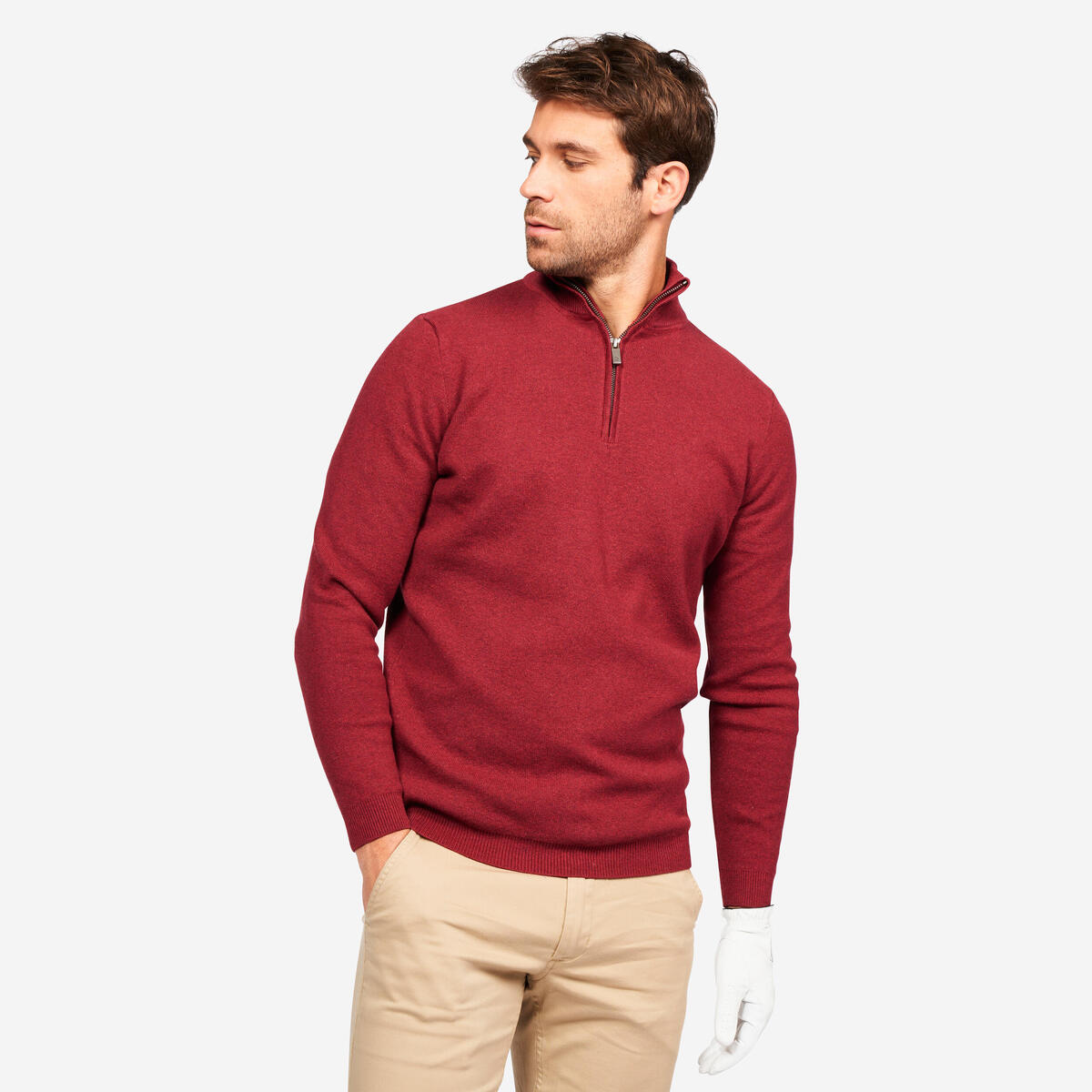 Pull de golf col montant zippé Homme, MW500 bordeaux