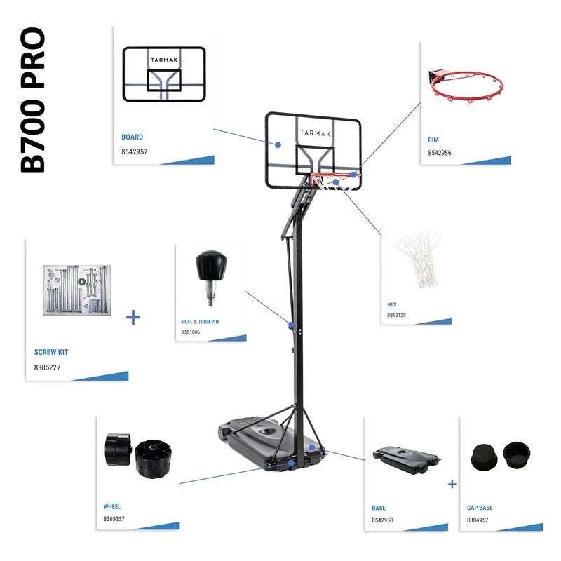 B700 Pro 兒童／成人籃球架 2.4 m到3.05 m。一共可變換7種高度。