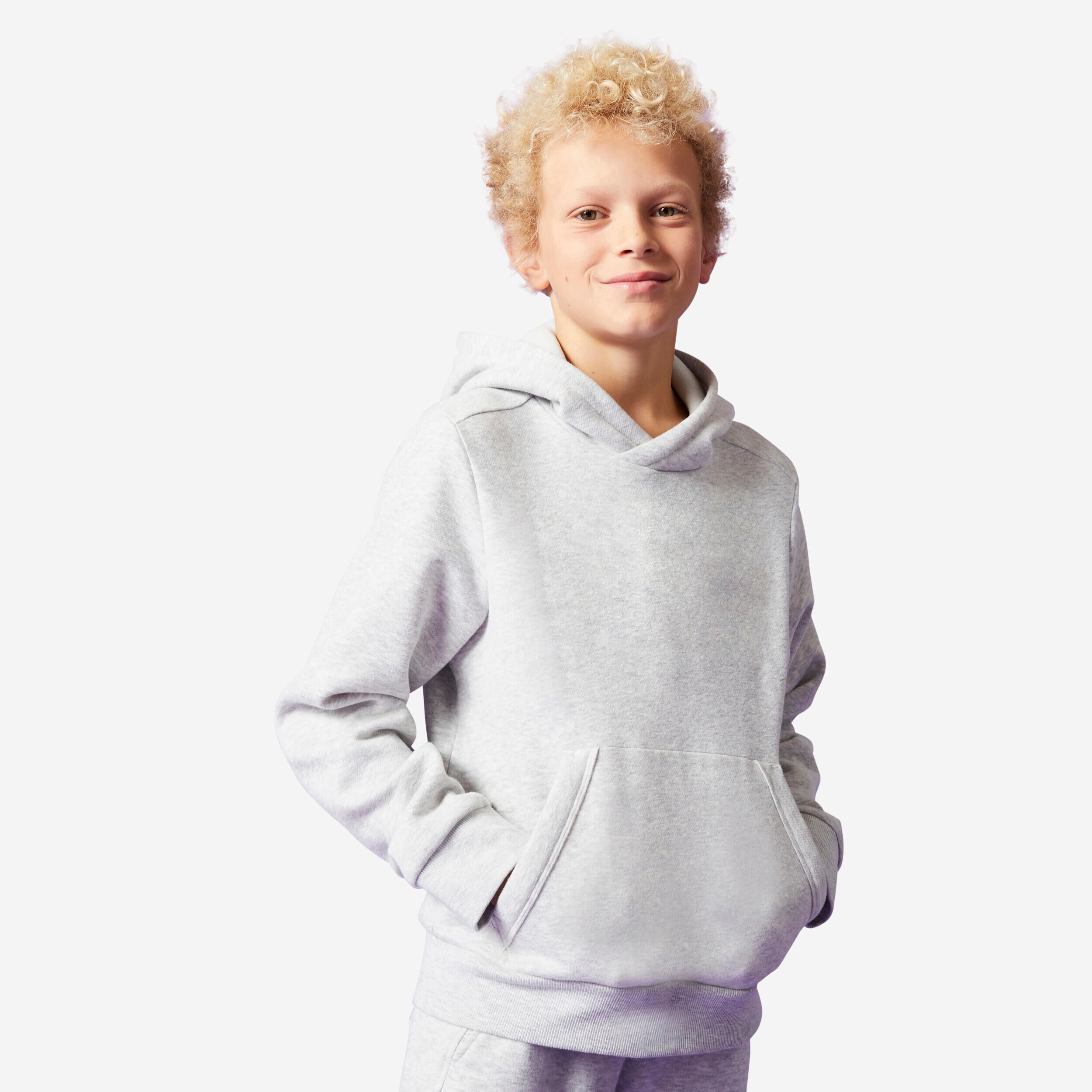 DOMYOS Kids' Cotton Hooded Sweatshirt - Light Grey