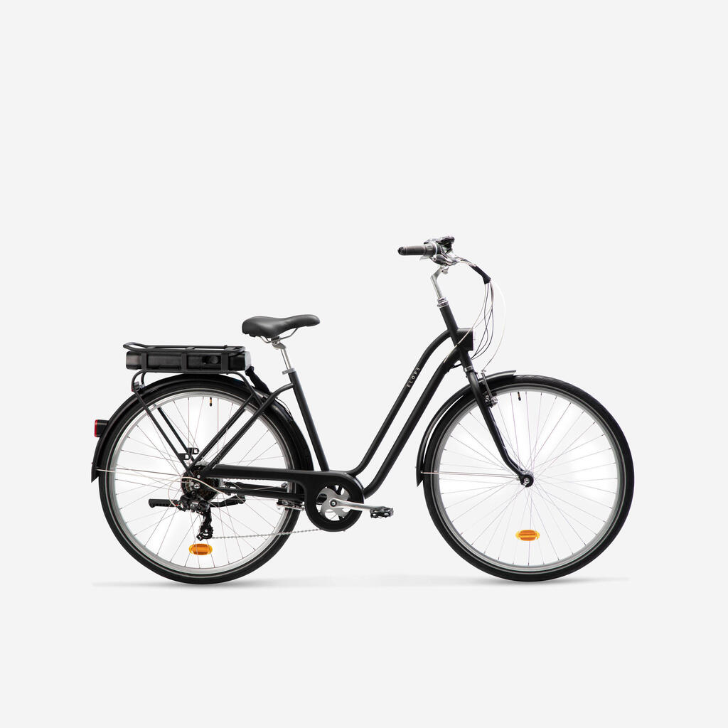 Fully-equipped, v-brake, low frame electric city bike, black