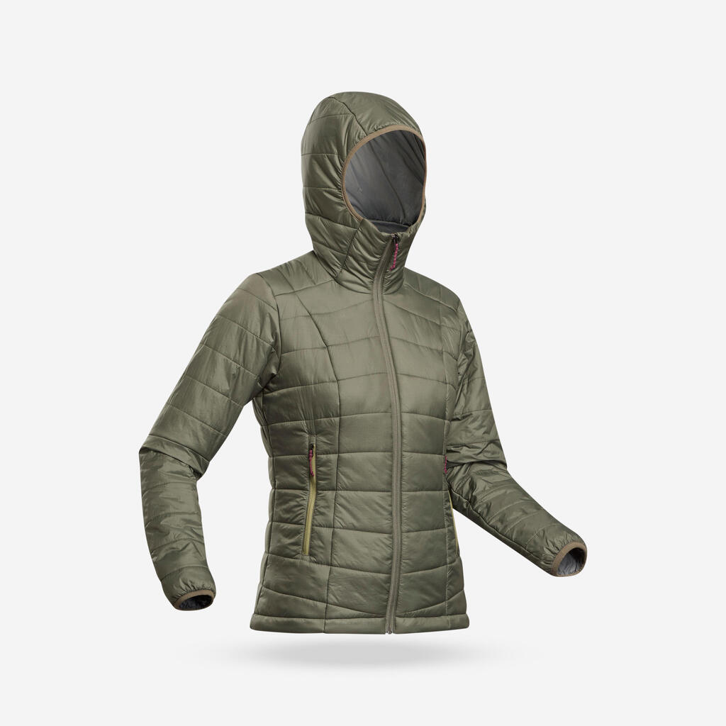 Women’s synthetic trekking down jacket with hood MT100 - Khaki