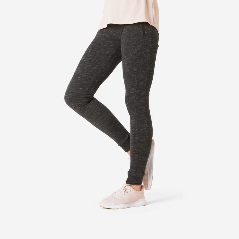 Pantaloni donna fitness 510 slim misto cotone felpati tasche con zip grigi scuri
