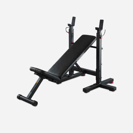 Tiltable and foldable weight bench with adjustable pegs