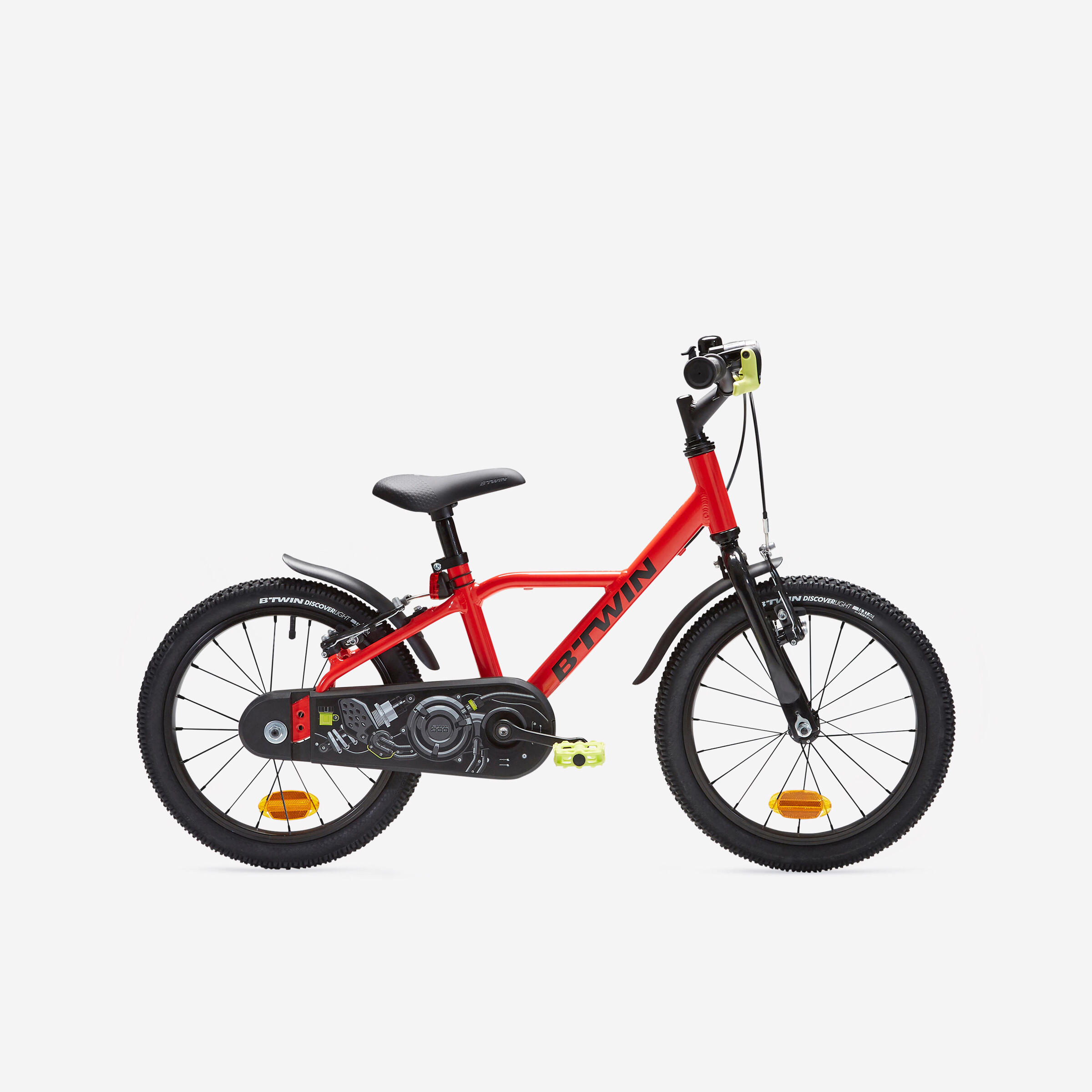 BTWIN Kids' 16-inch, chain guard, easy-braking bike, red