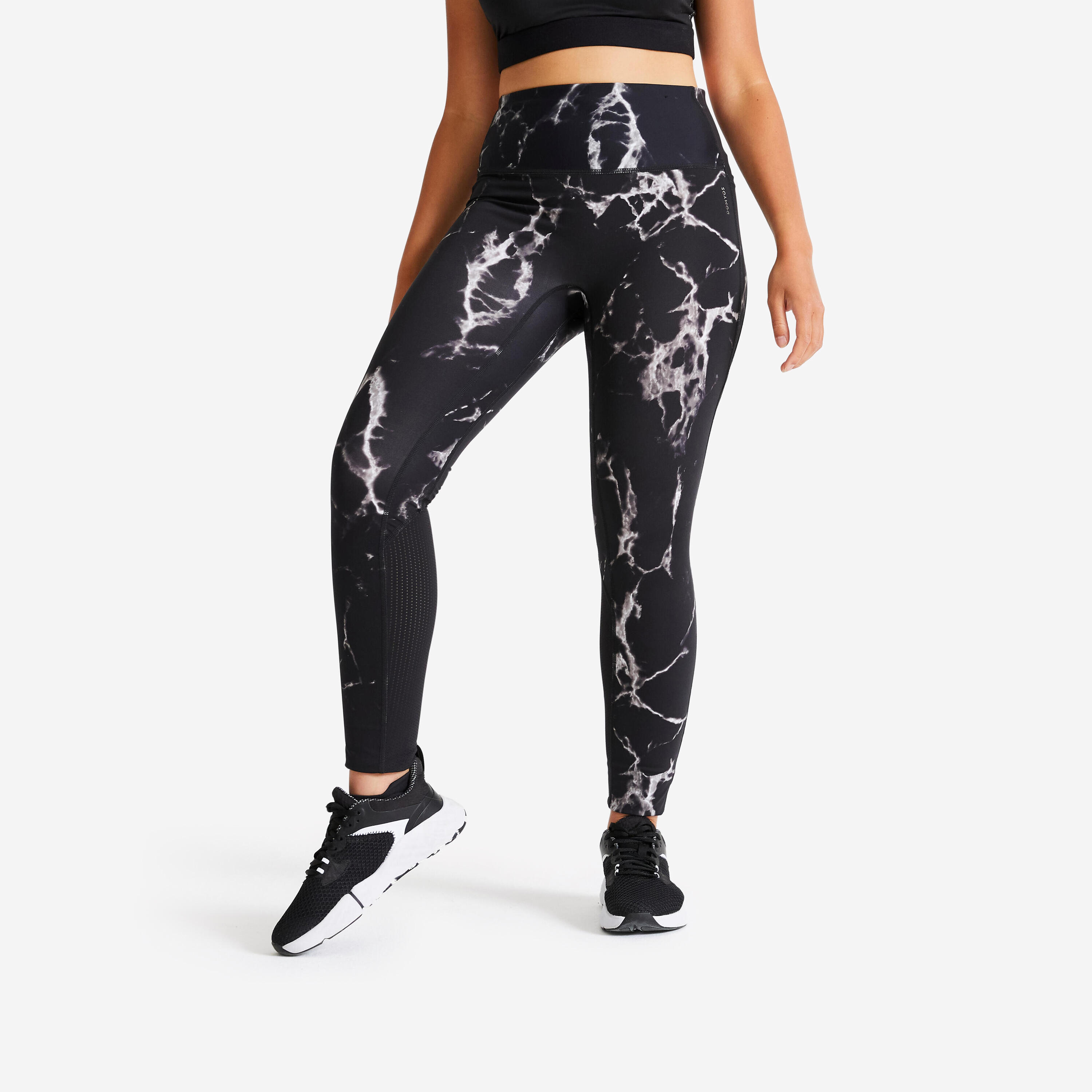Women's shaping fitness cardio high-waisted leggings, black print DOMYOS