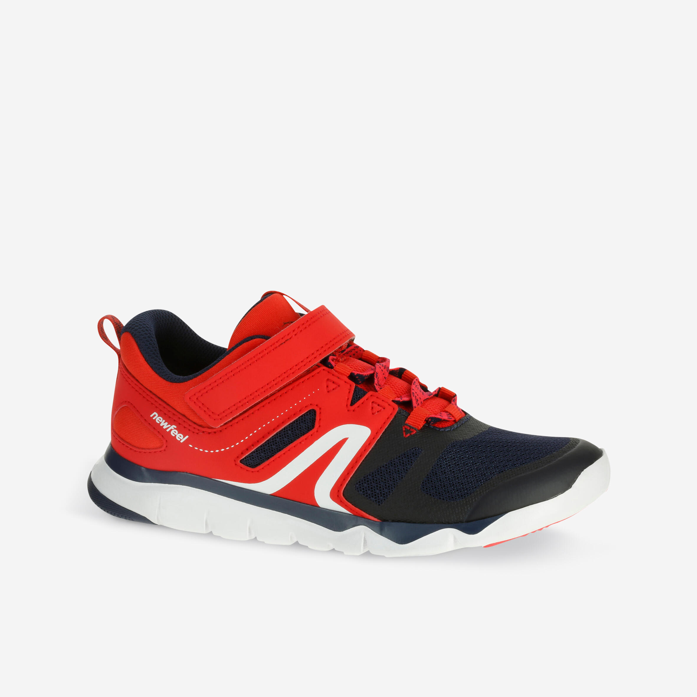 Kids lightweight and breathable rip tab trainers red black