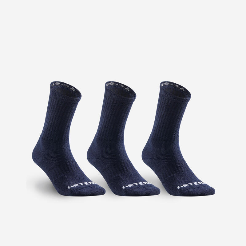 Vysoké tenisové ponožky RS500 3 páry tmavě modré
