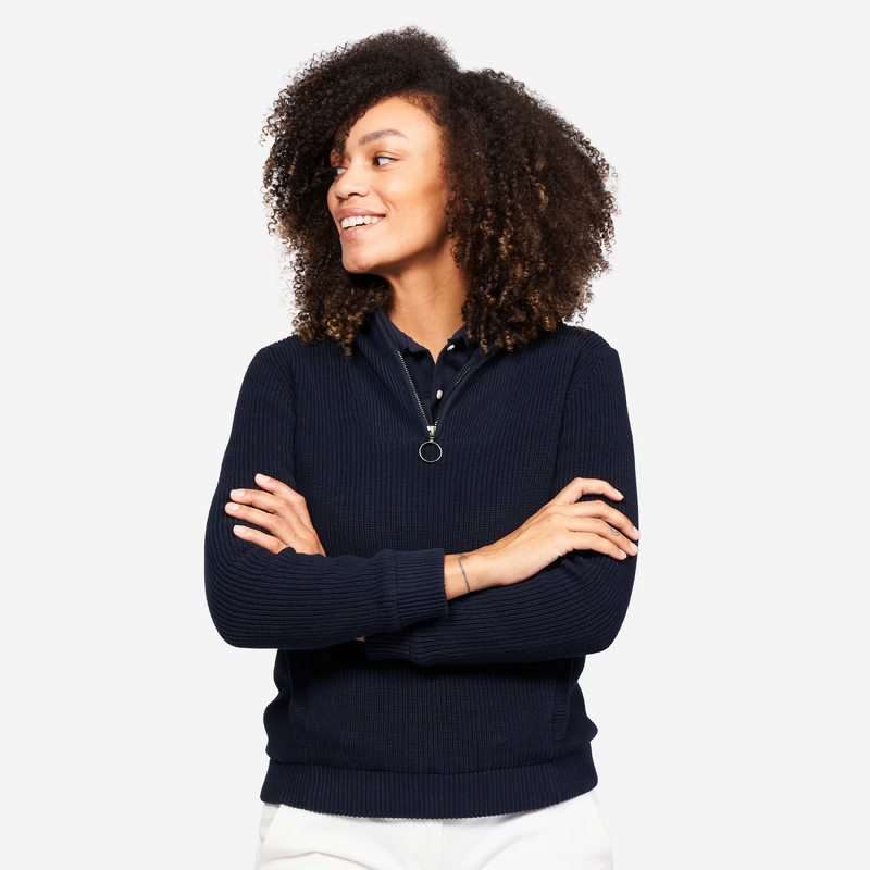 Pull golf 1 2 zip coupe vent Femme MW500 marine pour les clubs et collectivites Decathlon Pro