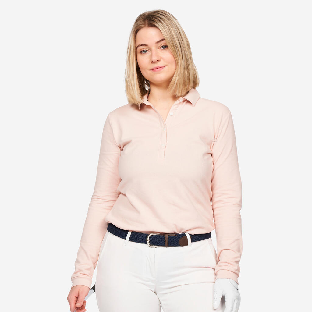 Rožnata ženska polo majica z dolgimi rokavi za golf MW500 