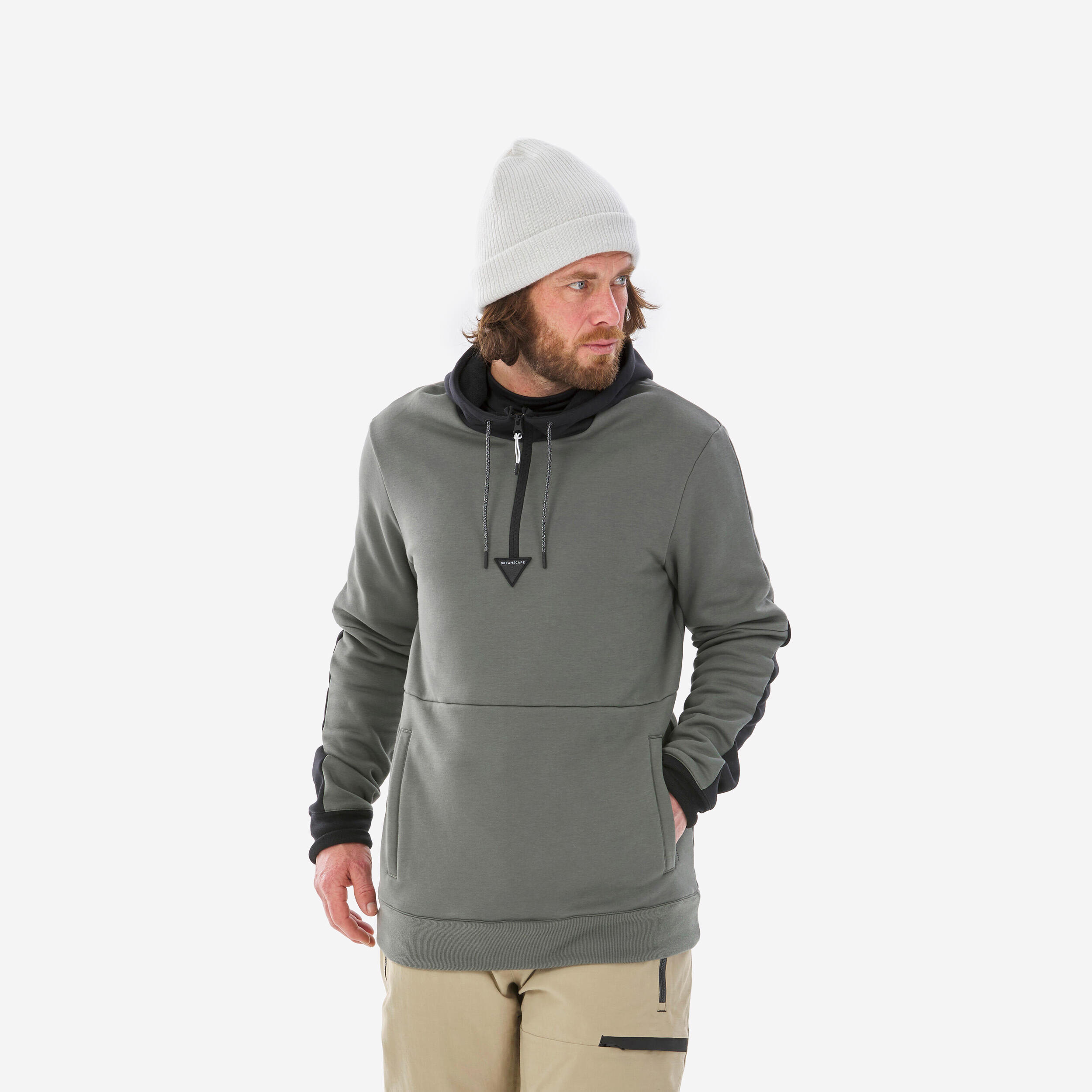 Felpa con cappuccio 1/2 zip da uomo per sci e snowboard, 100 cachi/nero