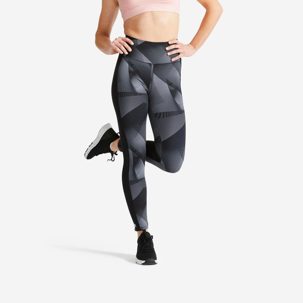 Women's Fitness Cardio Leggings with Phone Pocket - Black/Grey Print