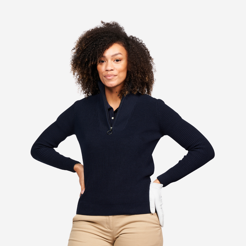Pull golf 1 2 ZIP Femme MW500 marine pour les clubs et collectivites Decathlon Pro