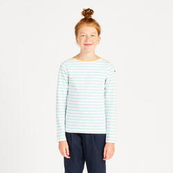 Gestreept T-shirt met lange mouwen voor zeilen meisjes Sailing 100 wit/muntgroen