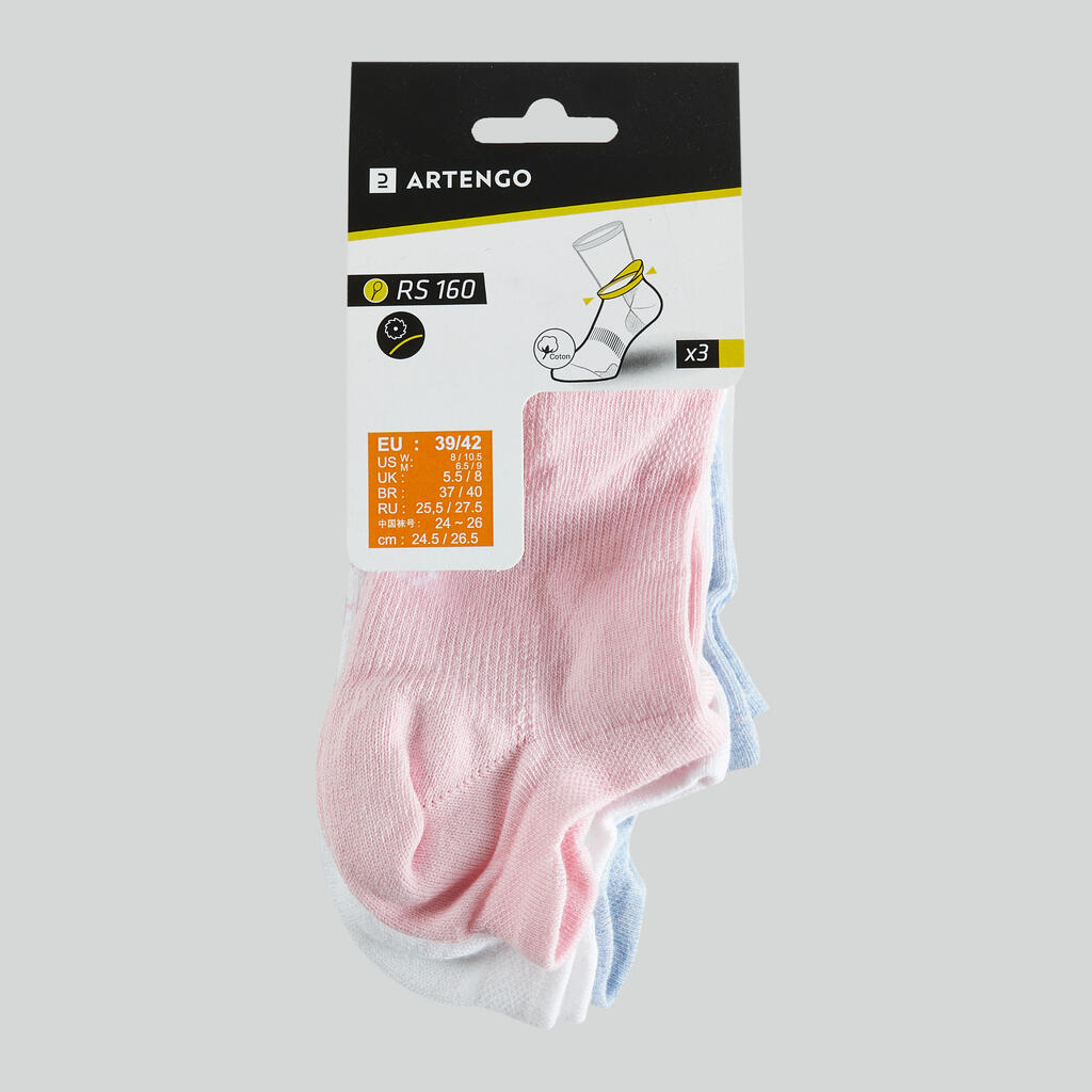 Chaussettes de sport basses Artengo RS 160 motif rose lot de 3.