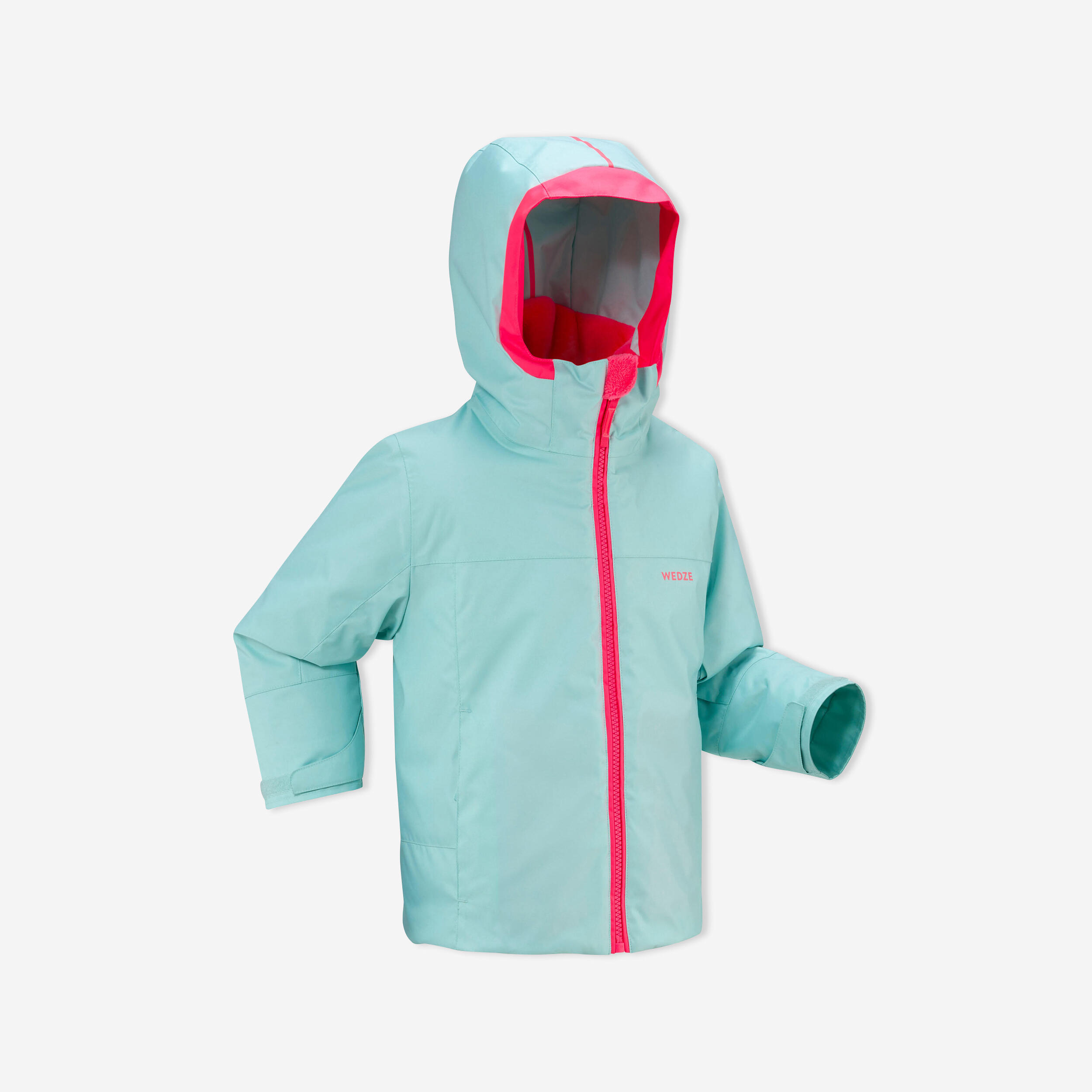 WEDZE KIDS’ WARM AND WATERPROOF SKI JACKET 500 PULL'N FIT TURQUOISE