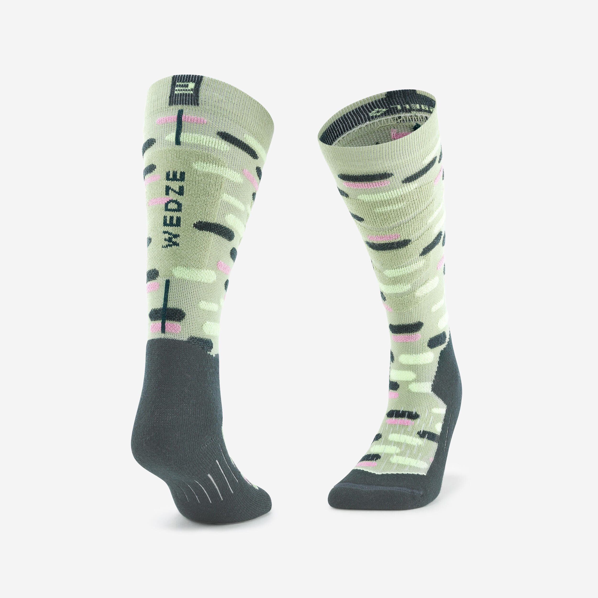 WEDZE CHILDREN'S SKI AND SNOWBOARD SOCKS 100 - GREEN PATTERNED