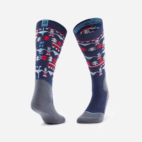 CHILDREN'S SKI AND SNOWBOARD SOCKS 100 - BLUE PATTERNED