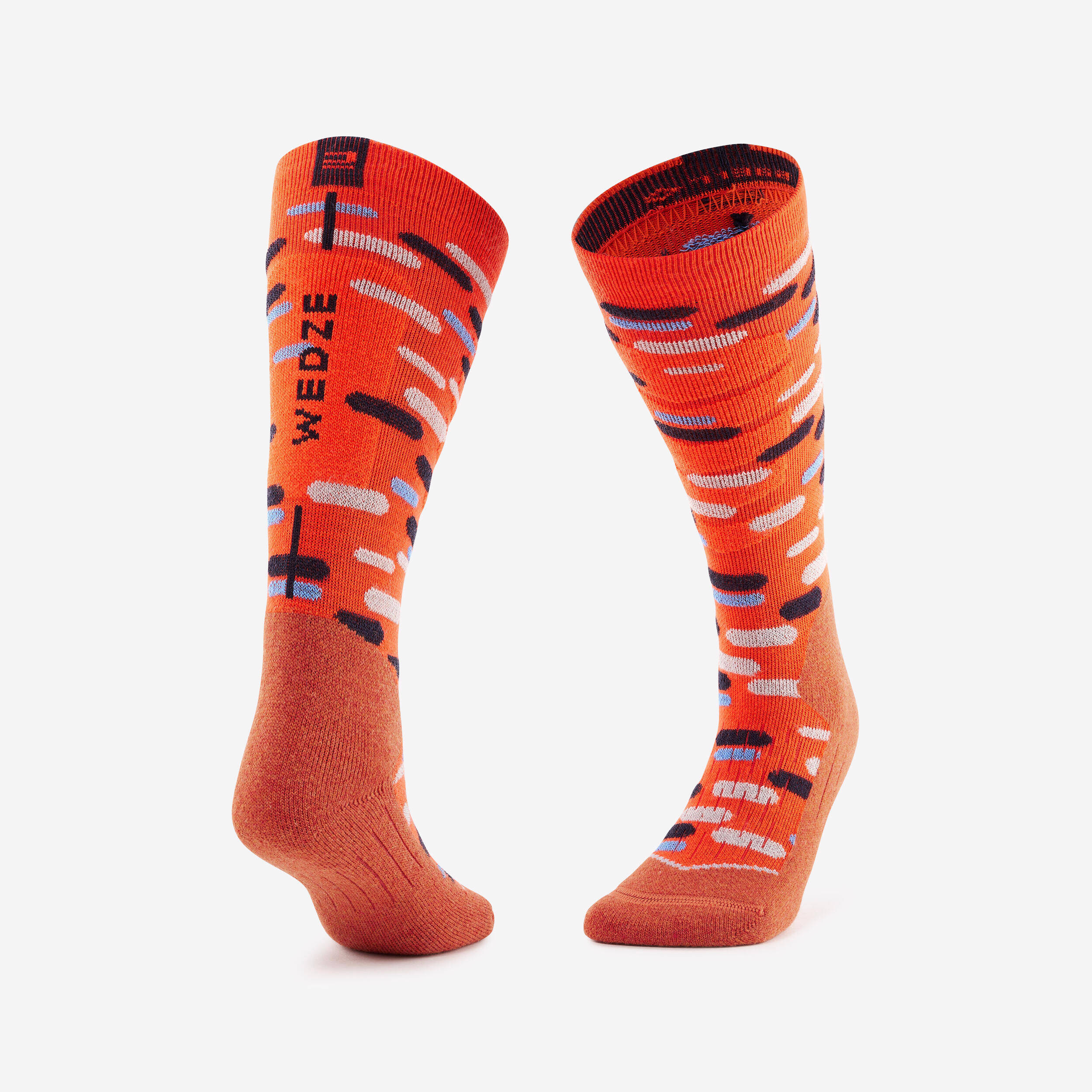 CHILDREN'S SKI AND SNOWBOARD SOCKS 500 - ORANGE PATTERNED -  1