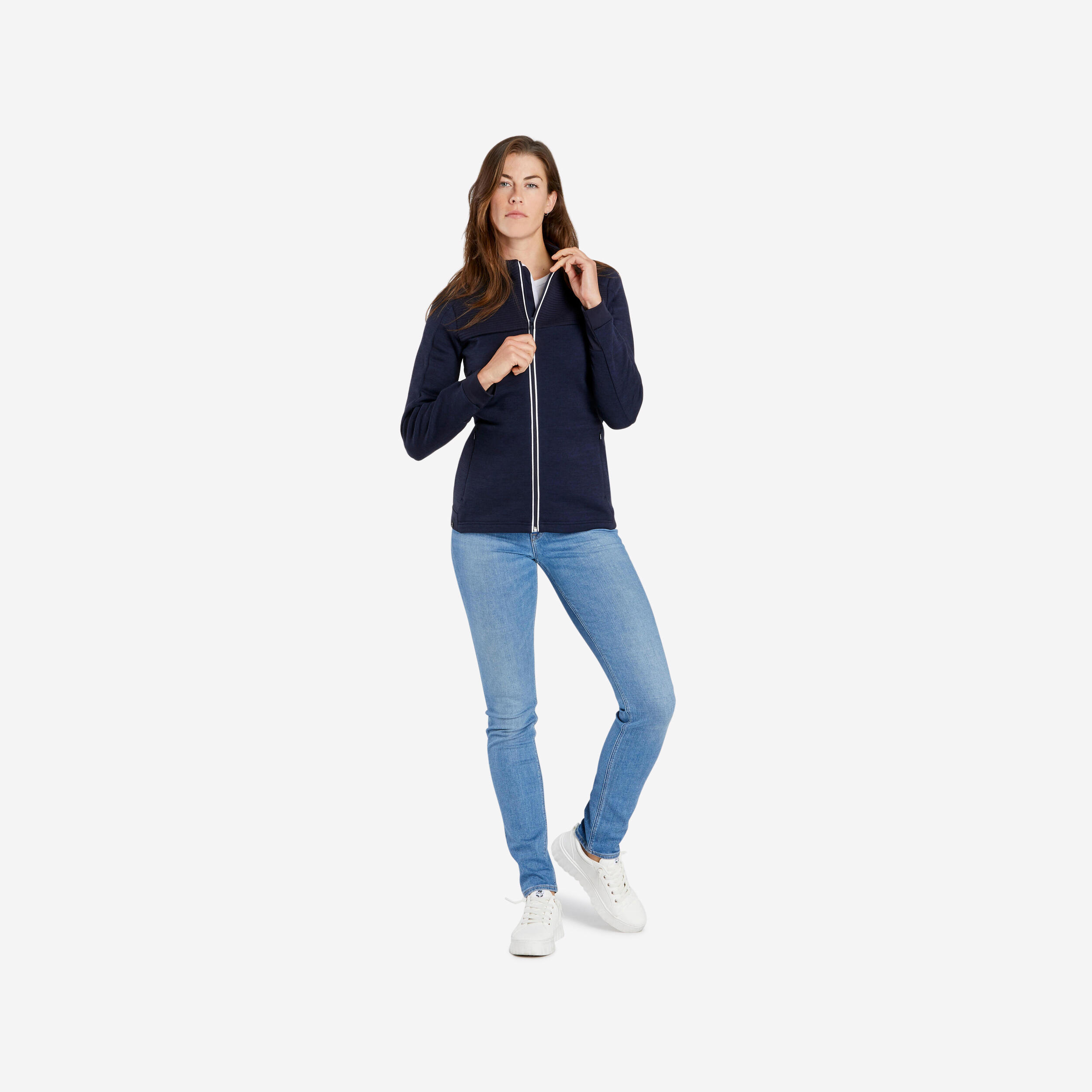 Wedze - Veste De Ski En Laine Mérinos Chaude Et Respirante Femme, 500warm Bleu Marine - Polaire - Ski Freeski Snowboard Luge - Blanc-bleu - 48 Xl -
