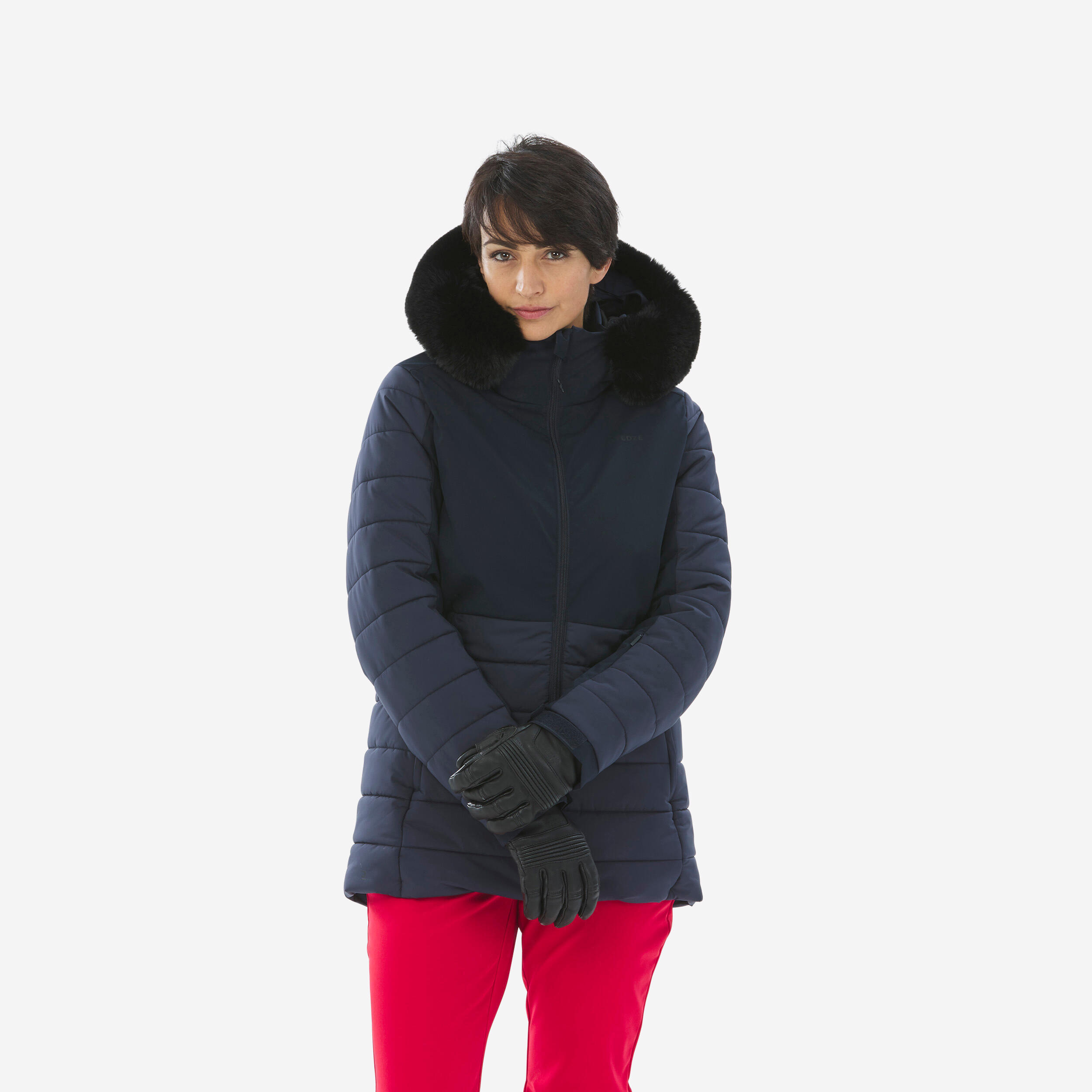 Women s Mid Length Warm Ski Jacket 100 Navy Blue Decathlon