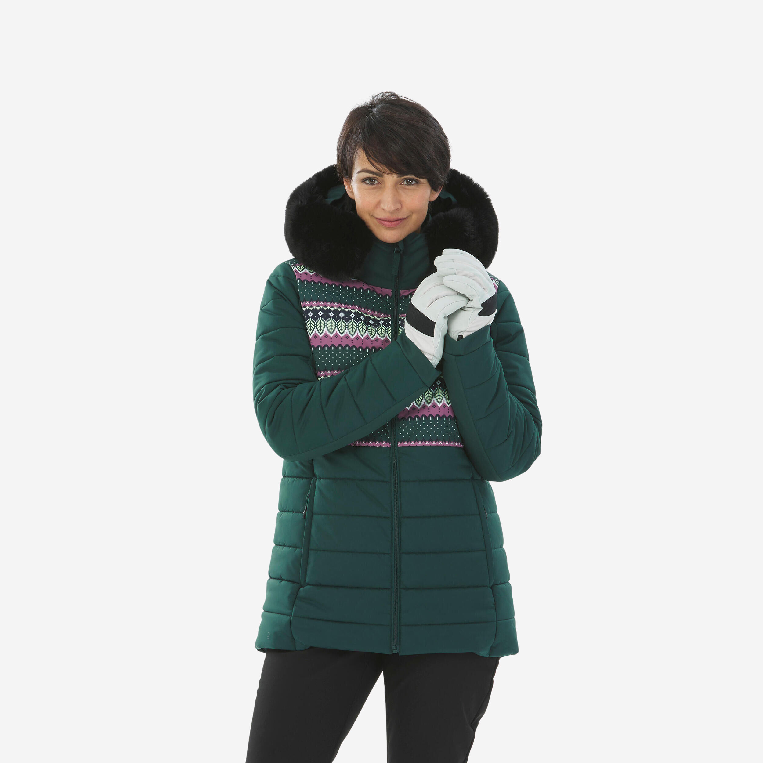 WEDZE Women's Mid-Length Warm Ski Jacket - 100 Patterned