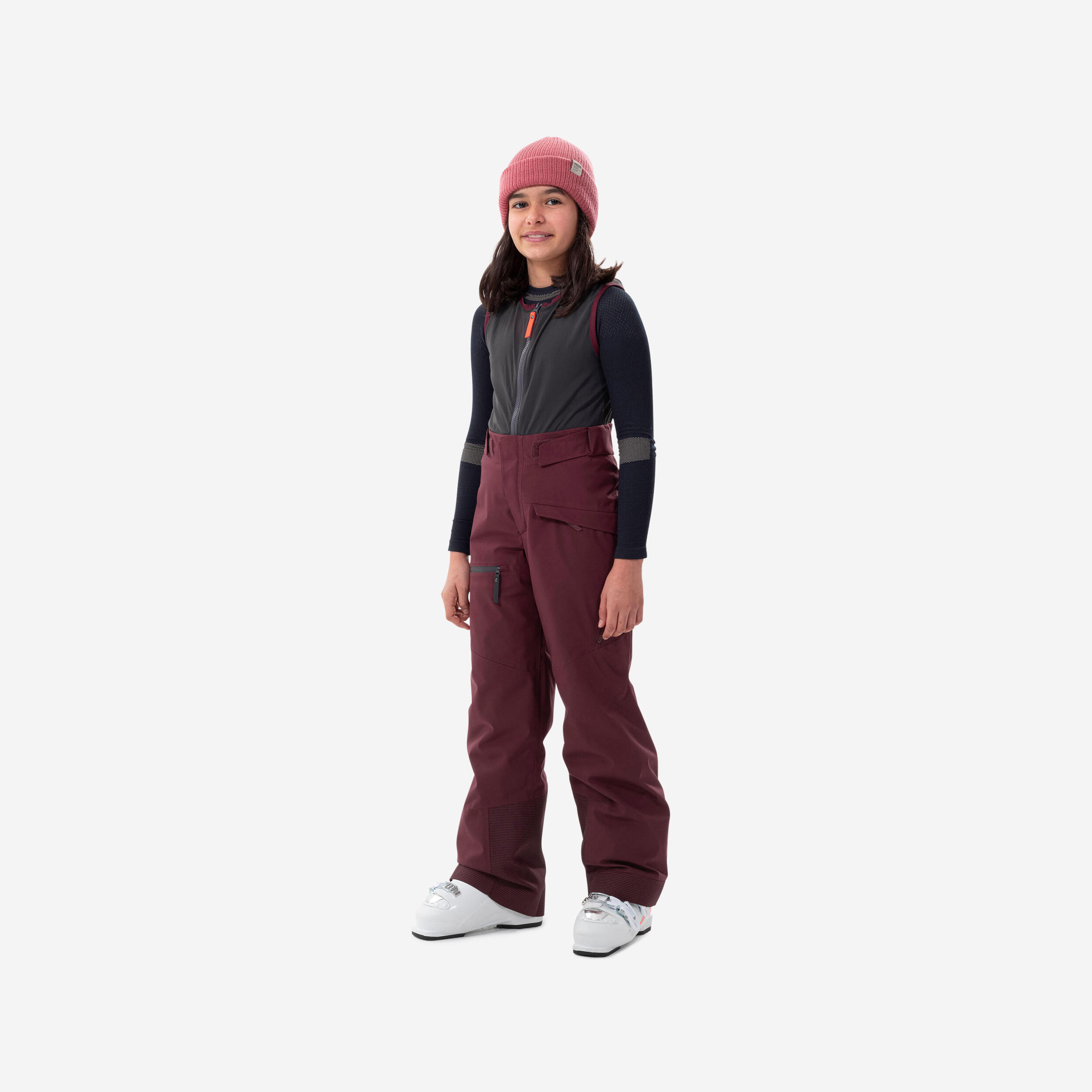Wedze Kids’ Ski Trousers With Back Protector - Fr900 Burgundy