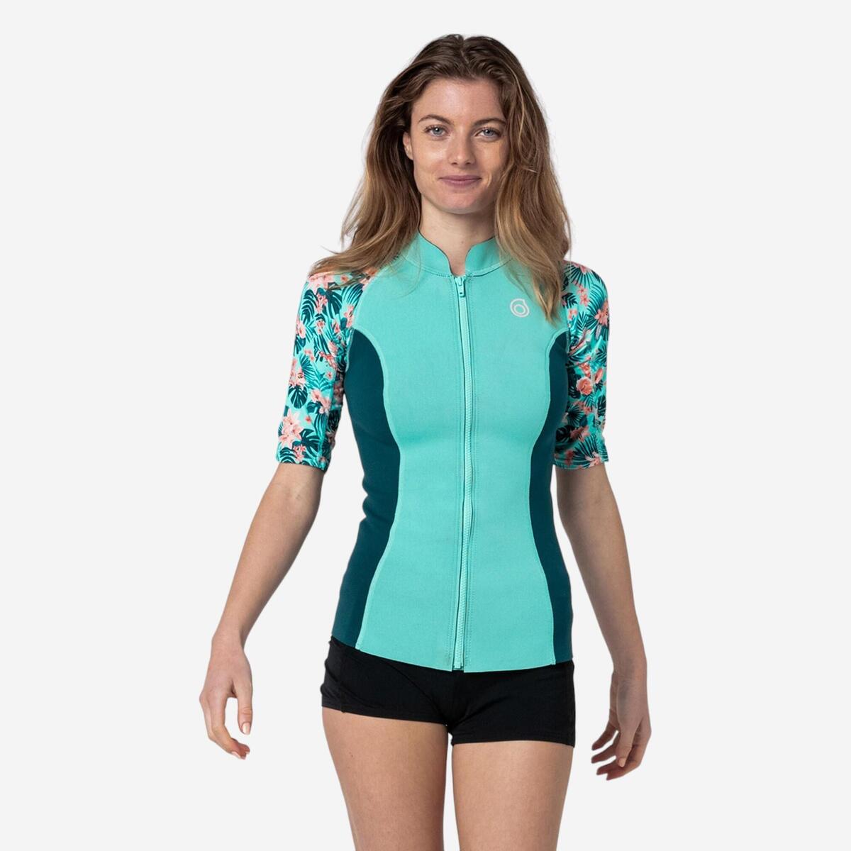 Top anti UV Manches courtes Femme néoprène 1 mm - Turquoise Fleurs