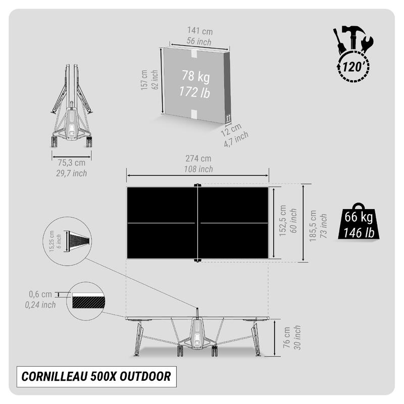 MASĂ DE TENIS DE MASĂ PENTRU EXTERIOR 500X GRI