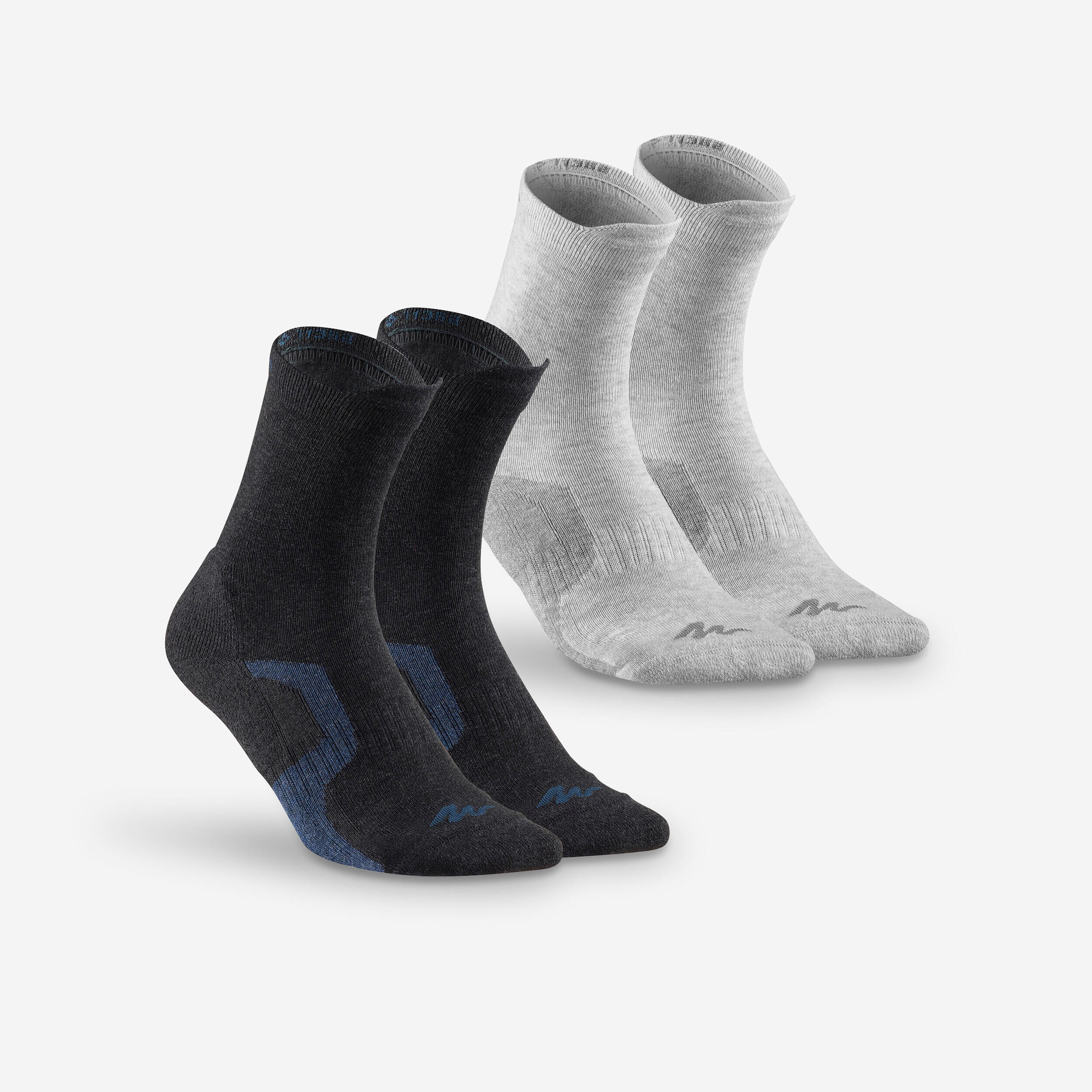 QUECHUA Kid’s High-Top Walking Socks 2 Pairs Crossocks Black Grey