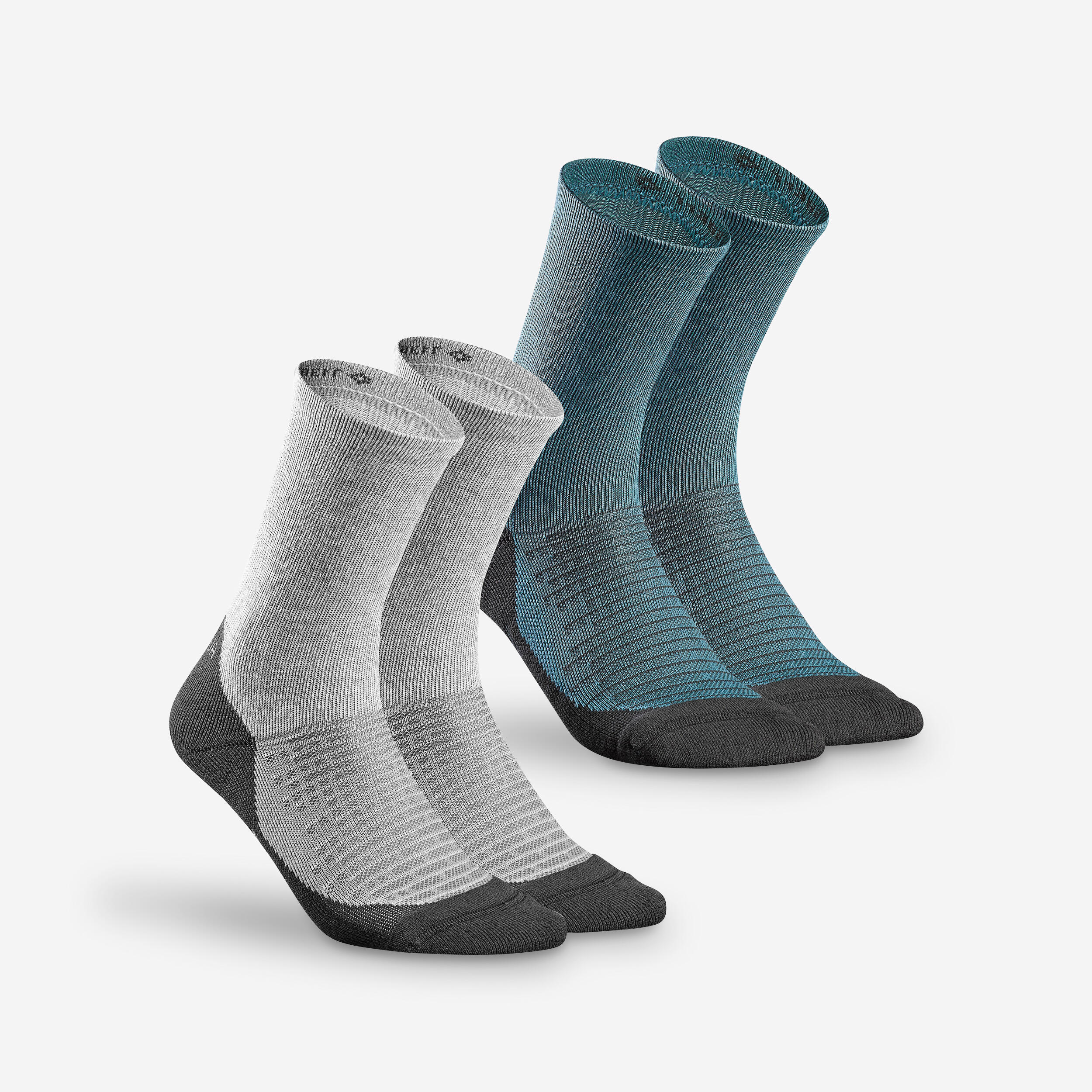 QUECHUA Sock Hike 100 High  - Pack of 2 pairs - Grey and Blue