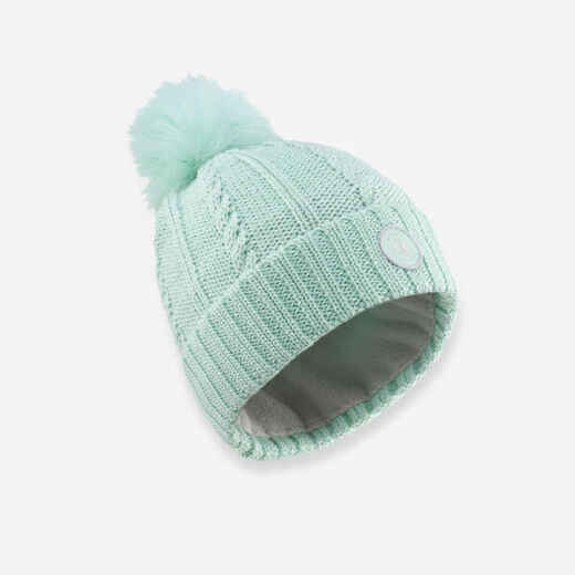 
      KIDS’ SKI HAT - CABLE-KNIT FUR WOOL - PALE GREEN 
  