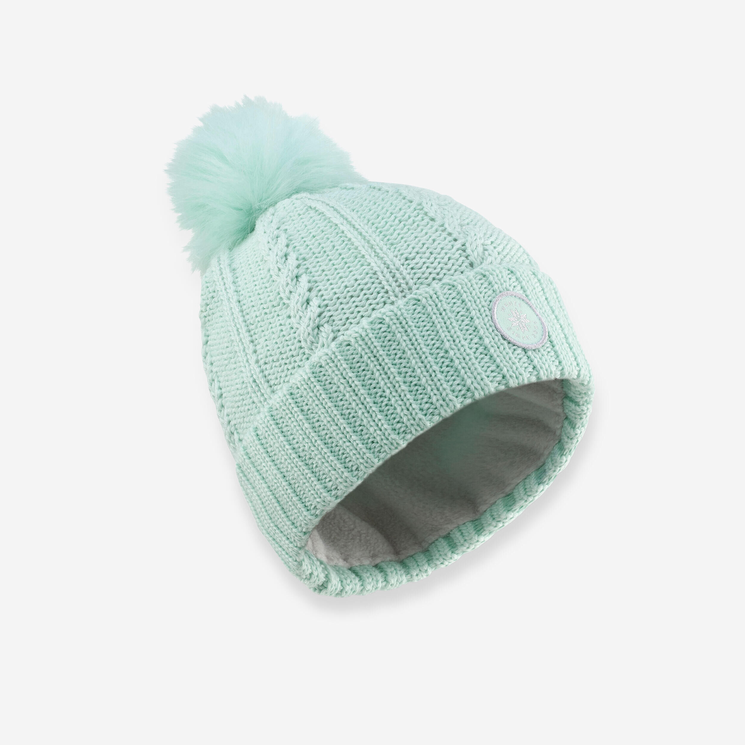 WEDZE KIDS’ SKI HAT - CABLE-KNIT FUR WOOL - PALE GREEN 