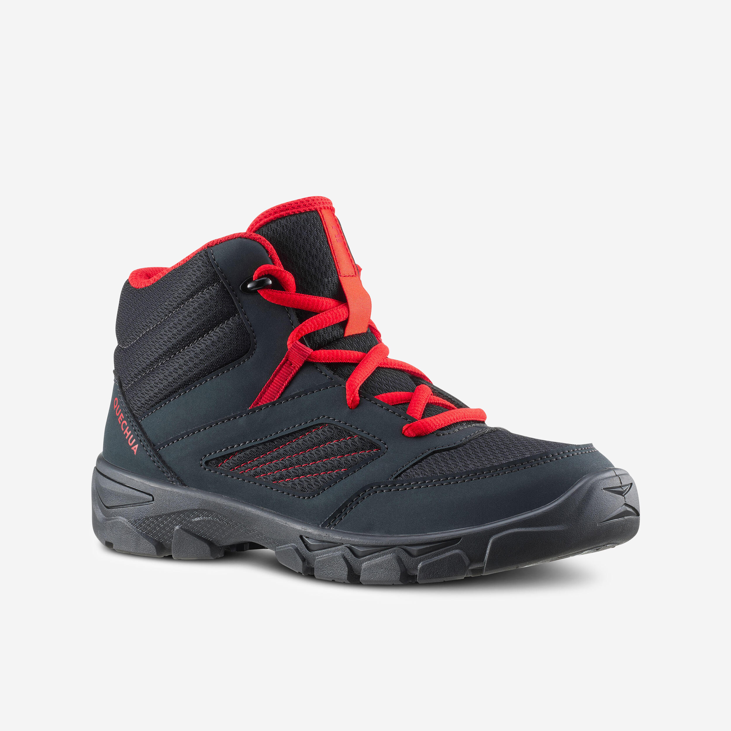 Kids Lace up Hiking Shoes MH100 MID from size 2 TO 5 Dark Grey