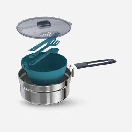 Camping and bivouacking cooking set in stainless steel 100 - 1 person - 6 items.