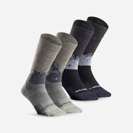Čarape za planinarenje po snijegu SH500 tople srednje visoke 2 para kaki-crne
