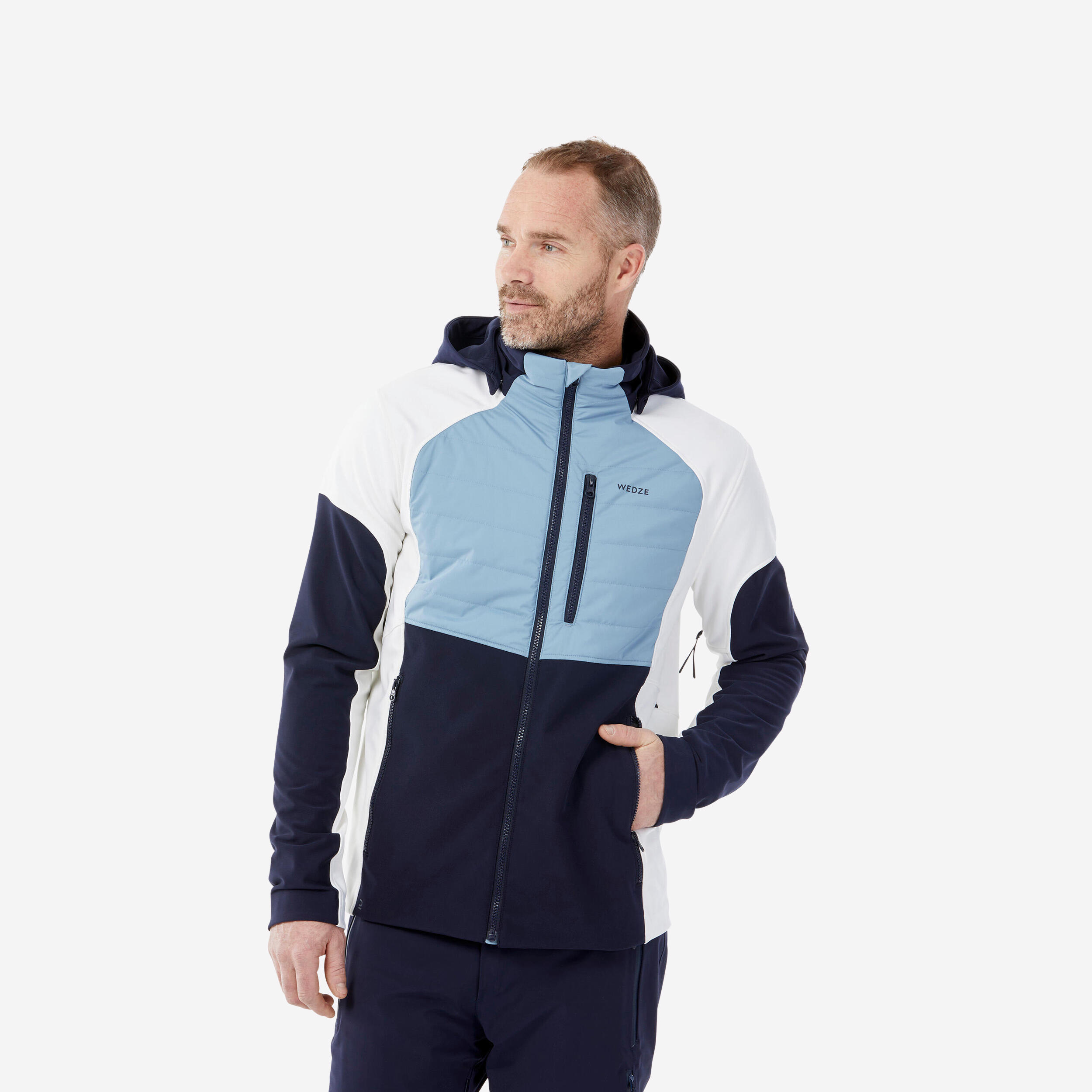 Men s lightweight water repellent Softshell ski jacket 900 Blue and White WEDZE Decathlon