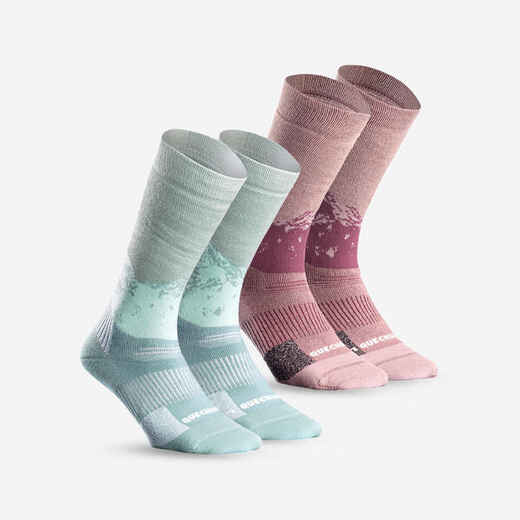 
      Čarape za planinarenje po snijegu SH500 tople srednje visoke 2 para ružičasto-zelene
  