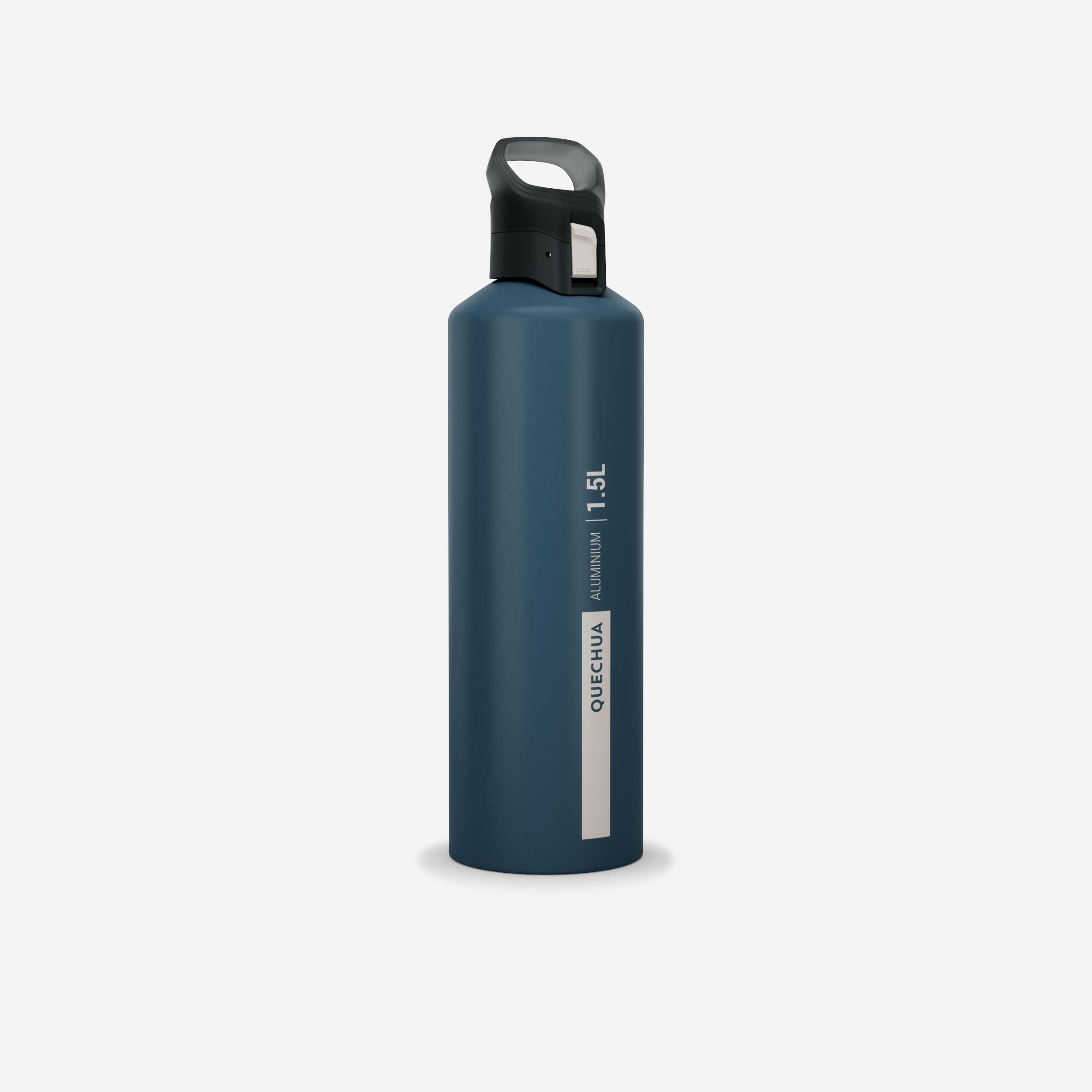 1.5L aluminium water bottle with quick-release cap for hiking blue