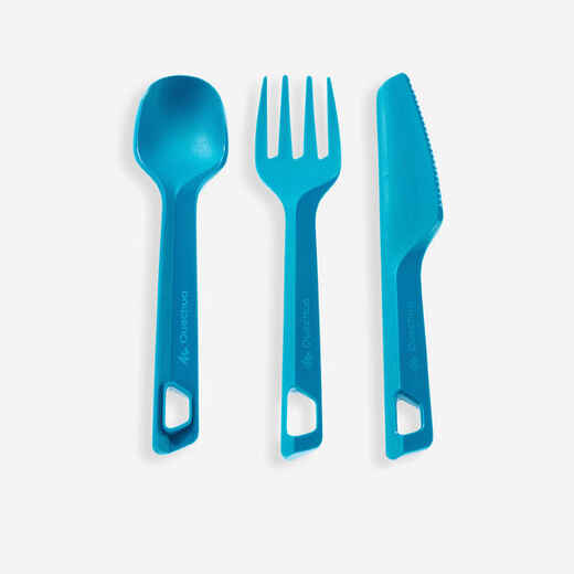 
      3-piece cutlery set (knife, fork, spoon) for camping in blue plastic
  